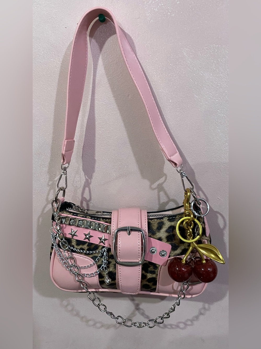 Pink Leopard Accent Mini Shoulder Bag with Cherry Charm
